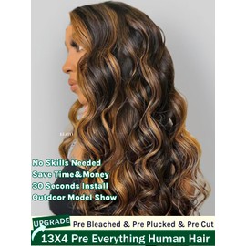 KLAIYI Pre Everything 13x4 Glueless Wig Ombre Brown Body Wave Pre Cut Lace Front Wigs Human Hair Pre Plucked Pre Bleached Wear and Go Wig with Dark Roots 12A Highlight Balayage 3S Ready To Wear 18Inch