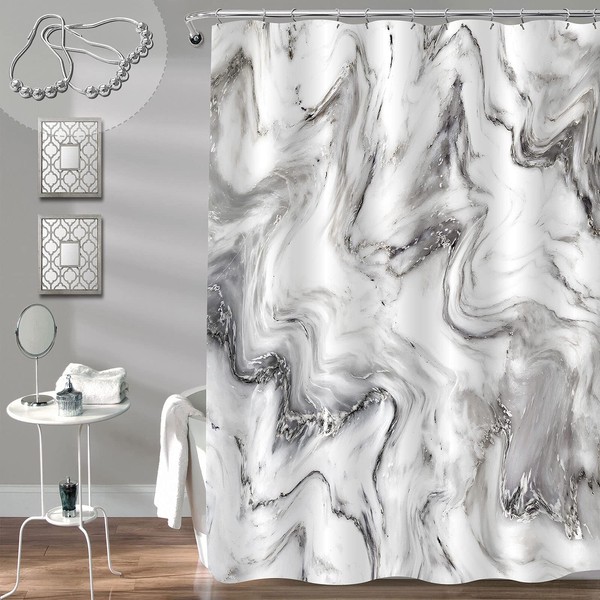 Gibelle Grey Marble Shower Curtain for Bathroom, Abstract Granite Marble