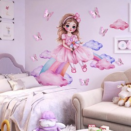 Lekabee Butterfly Girl Wall Stickers,Rainbow Girl Butterfly Clouds Wall Decal,3D Butterflys Wall Art for Girls Baby Nursery Bedroom Playroom