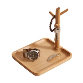 THFLSTR Solid Beech Wood Key Tray and Bowl for Entryway Table - Smooth Polished Branch-Shaped Organizer with Hooks for Keys, Wallet, Jewelry, Glasses (Beech, Square)