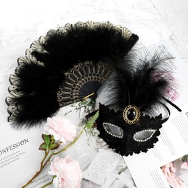 MWOOT Women's Masquerade Masks, Carnival Costume Accessories with Masks and Fans, Black