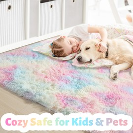 Rainbow Fluffy Rugs for Girls Bedroom, Unicorn Room Decor,Pastel Area Rug for Kids, Shag Carpet for Nursery, Soft Play Mat for Baby, Fuzzy Rug for Living Room, Plush Rug for Playroom, Throw Rug 6x9