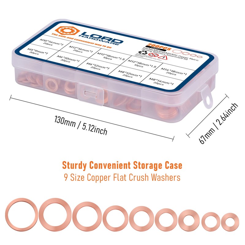 LordHardware 200pcs Copper Crush Metric Washers Assortment Kit Flat Sealing