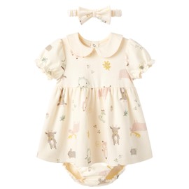 pureborn Baby Girls Dress with Bloomer Infant Girl Short Sleeve Playwear Dress with Diaper Cover 3-6 Months Animals forest Beige