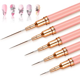 MOXYOY 5Pcs Nail Art Liner Brushes, Fine Thin Nail Art Brush Details Painting Nail Art Brush Tools Set for Long Lines, Fine Drawing Sizes 5/8/12/20/25 mm(Pink)