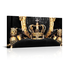 Saypeacher Vintage Gold Crown Canvas Wall Art Black and Gold Pictures for Wall King and Queen Crown Painting for Bedroom Modern Decorations 24"x48"