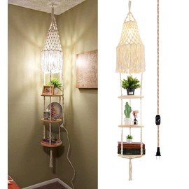 QIYIZM Boho Plug in Pendant Light,Hanging Light with Plug in Cord,Hanging Lamp Macrame Lamp Shade,Dimmable Switch,3 Tier Hanging Plant Shelf Shelves Bohemian Decor for Bedroom Living Room Corner