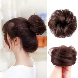 DOAGEAS Dark Brown Messy Bun Hair Piece Human Hair - Natural Curly 100% Human Hair Wavy Tousled Updo Bun Buns Hair Piece for Women Real Scrunchies Hair Pieces Ponytail Extensions