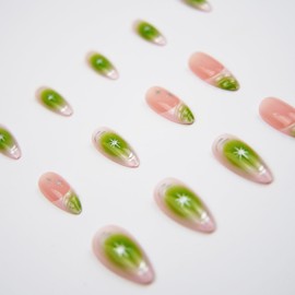 24Pcs Green Press on Nails Medium Almond Fake Nails with 3D Ripple Designs Silver Star False Nails Green Gradient Glue on Nails Full Cover French Acrylic Nails French Tip Stick on Nails for Women