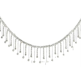 Rhinestone Tassel Decoration, Tassel Chain Crystal Diamond Beaded Rhinestone Ribbon for DIY Sewing Clothing Jeans Wedding Party Craft Decoration Accessories (Silver, One Size)