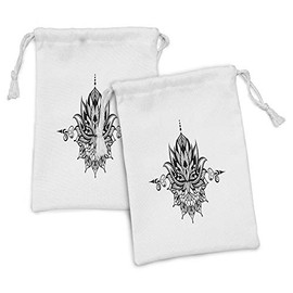 Ambesonne Black and White Fabric Pouch Set of 2, Lotus Flower Tattoo Art Doodle Purity Flourish Illustration, Small Drawstring Bag for Toiletries Masks and Favors, 9" x 6", Black White