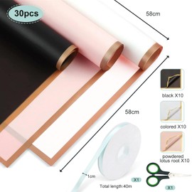 Flower Wrapping Paper, 30 Sheet Bouquet Wrapping Paper, 58cm Double Sided Bouquet Wrap Kit for Gifts Flowers and Crafts with Ribbon and Scissors for Gift Wrap DIY Arts Crafts(3 Color)