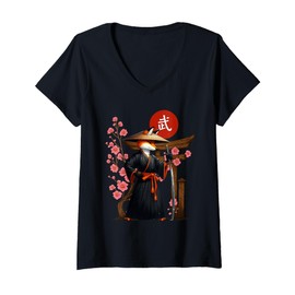 Womens Fox Kitsune Samurai Japanese Aesthetic Warrior V-Neck T-Shirt