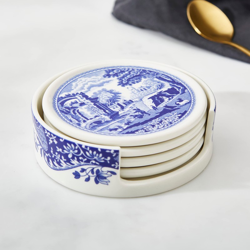 Spode Blue Italian Ceramic Coasters with Holder - Set of