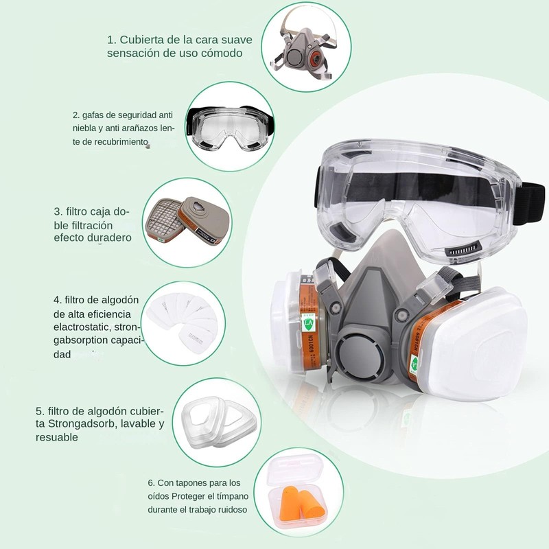 6200 Respirador reutilizable con anteojos de seguridad y filtros (Gris)