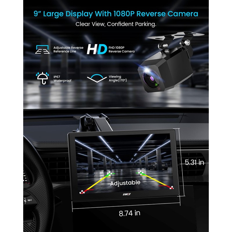 IK5 9" Wireless Apple CarPlay & Android Auto Screen, Portable