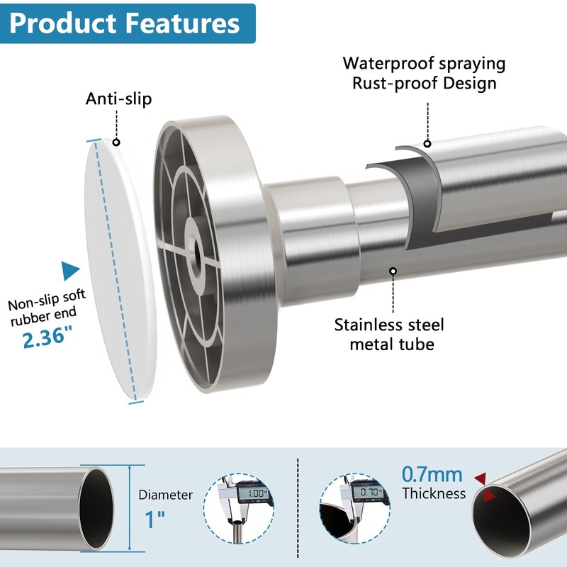 Bonpally Shower Curtain Rod 32-75 Inches Adjustable, Non-Slip Spring Tension