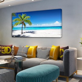 Baisuart-Large Canvas Wall Art Summer Ocean Waves Coconut Trees on Sands Beach Seascape Painting Sea Nature Pictures for Living Room Home Office Wall Decor Artwork