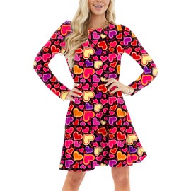 Heart Print Dress for Women Valentine Love Printed Outfits Long Sleeve A-Line Dresses XL