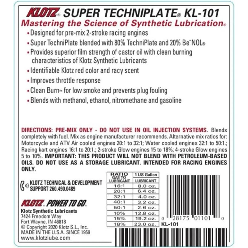 Klotz KL-100 2 Cycle Super Techniplate Synthetic Racing Oil -