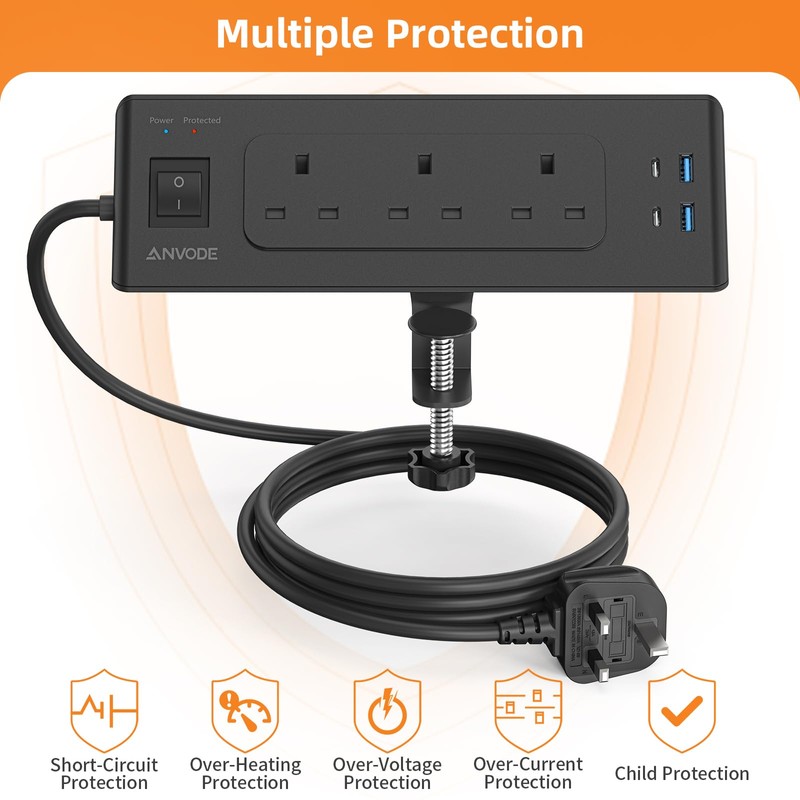 Desk Power Socket with USB C，ANVODE 3 Way Plug Extension