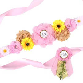 Lucky Summer Baby Shower Maternity Sash Mommy to Be Daddy to Be Corsage Pins Set Flower Belly Belt Photo Prop (Pink Sunflower)
