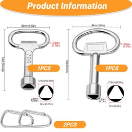 SVOCK 2Pcs Silver Metal Triangle Key, 9mm and 8mm Triangle Key for Meter Box Triangular Utility Socket Panel Keys, Triangle Socket Spanner Key with 2 Spring Hooks, Triangle Universal Key for Gas Meter