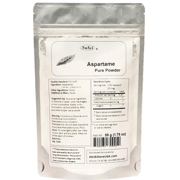 NuSci Aspartame Pure Powder 50 grams (1.75 oz) Low Calorie Sweetener