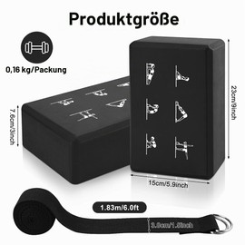 HAOTIAN-X 2 Yoga Block and Yoga Suspender Set, High Density EVA Foam Blocks, Non-Slip Yoga Bricks with 6 ft Strap, Latex-Free Yoga Blocks Kit (Black, 23 x 15 x 7.6 cm)