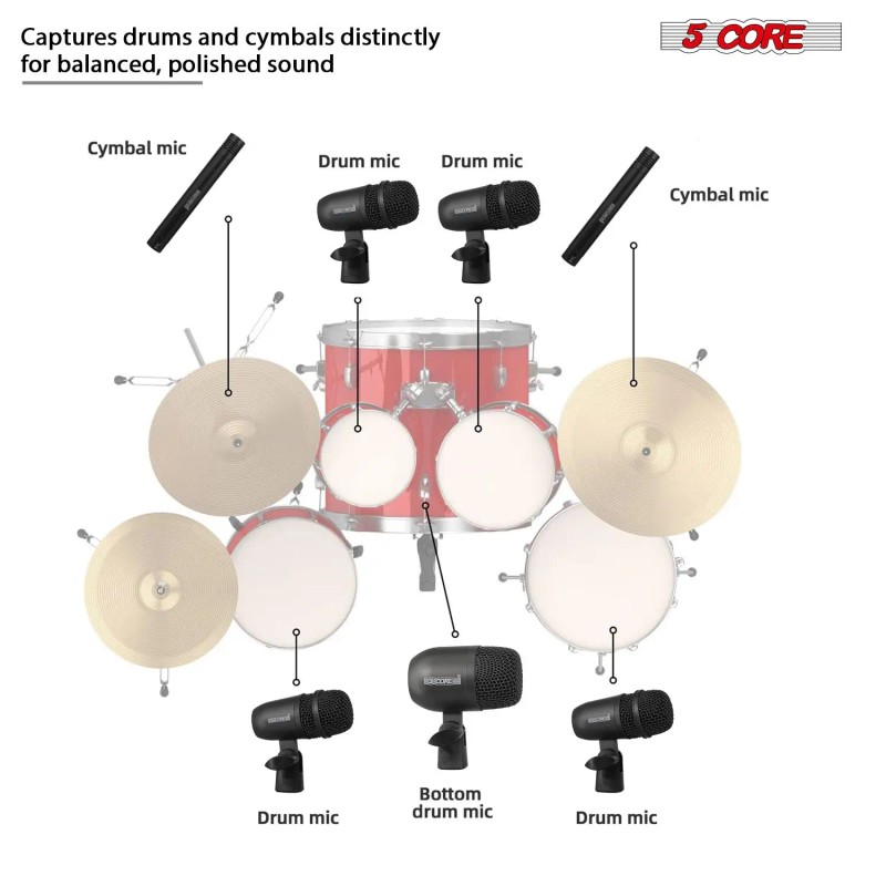 7Pc All Metal Drum Microphone Kit Tom/Snare and Cymbals Wired