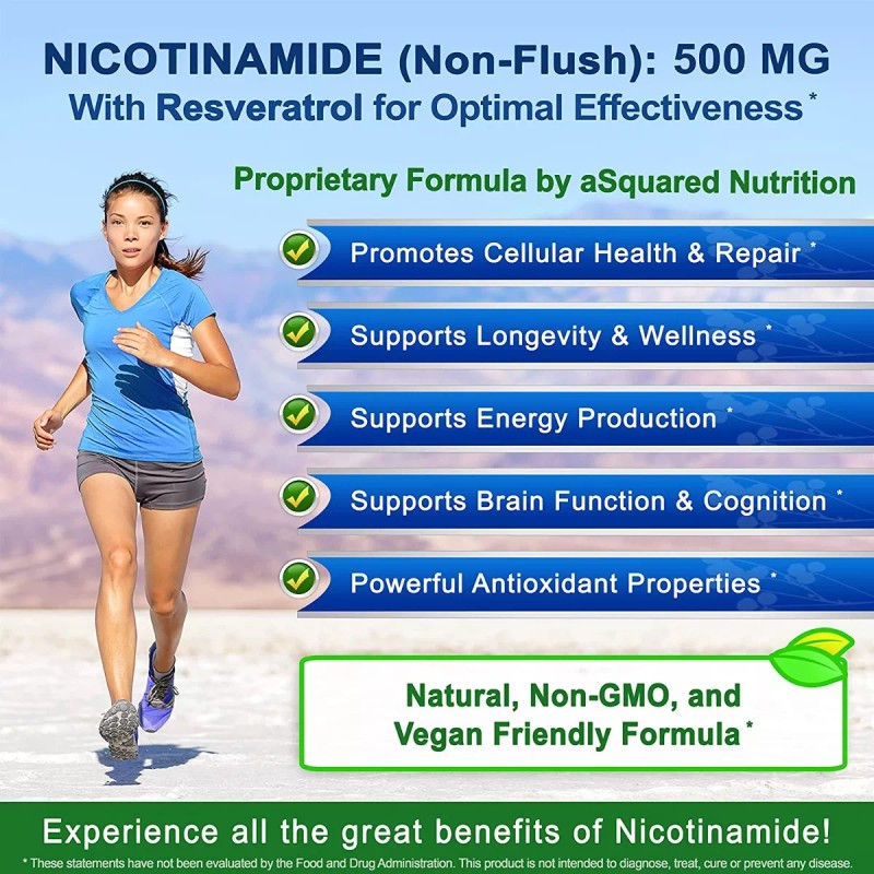 aSquared Nutrition Nicotinamida 500 Mg Con Resveratrol Precursor Nad, Gmp