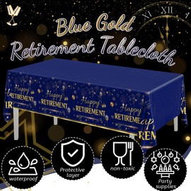 GREHUMOR Happy Retirement Tablecloth 3Pcs-Retirement Party Decorations Blue Gold Tablecloth for Women Men Plastic Rectangle Disposable Table Cover Rectangle Waterproof