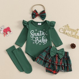 MAHUAOYIXI Baby Girl Christmas Outfit My 1st Christmas Skirt Set Long Sleeve Santa Baby Romper + Tutu Skirt + Headband + Leg Warmer 4-Piece Christmas Set for Girls Baby Christmas Outfits, Green
