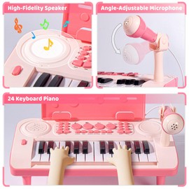 Toddler Piano Toys Gifts for Girl Age 1 2 3-5, Pink Baby Piano Music Toy, Kids Piano with 24 Keys, Microphone and Music Sheet Stand, Ideal Xmas Birthday Gifts for Girls 1 2 3 4 5 Years Old
