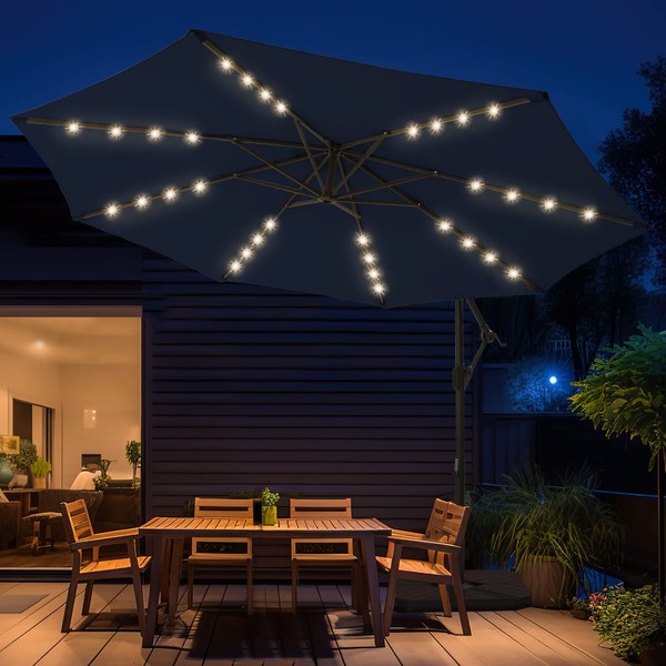wikiwiki 10ft Solar LED Offset Hanging Market Cantilever Patio Umbrella