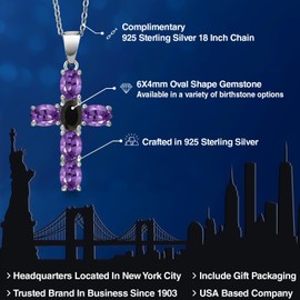 Gem Stone King 925 Sterling Silver Purple Amethyst and Black Onyx Cross Pendant Necklace for Women | 2.65 Cttw | Gemstone February Birthstone | Oval 6X4MM | With 18 Inch Chain