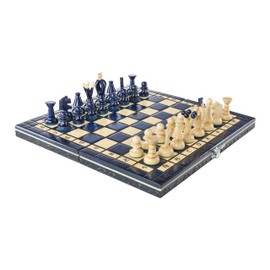 Wooden Folding Chess Set Paris BLUEBERRY Wooden International Board Vintage Carved Pieces - 14"