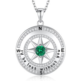 925 Sterling Silver Compass Necklace for Women, Wife Anniversary Necklaces for Her, Love Jewelry for Girlfriend Birthday Mothers Day, Pendant Engraved with I'd be Lost without You, 05 May Emerald CZ Diamond
