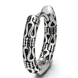 Men Womens Steel Vintage Snake Pattern Huggie Hinged Hoop Earrings with Tribal Tattoo Pattern