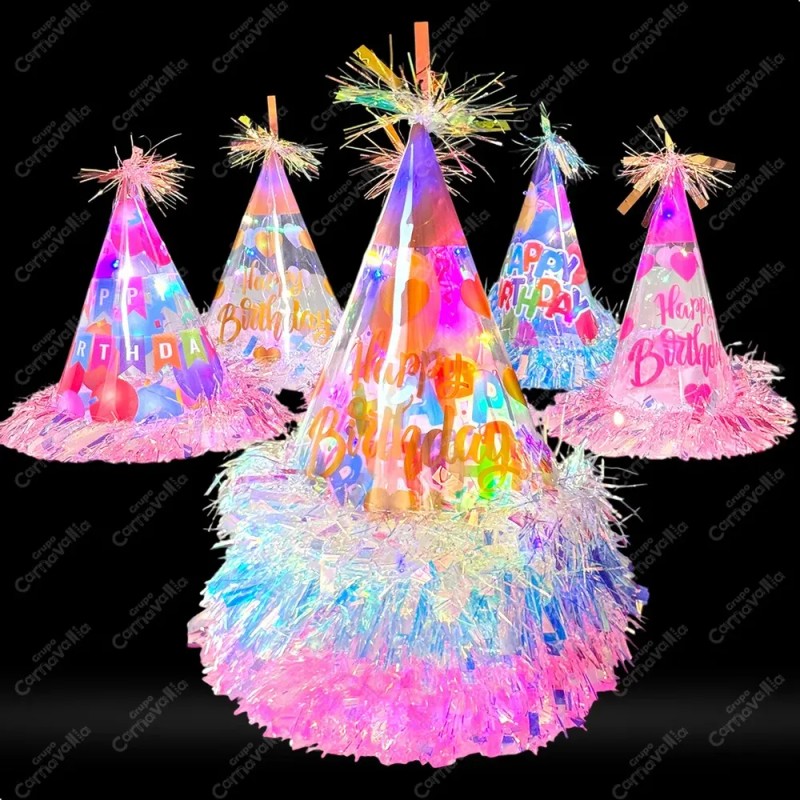 5 Gorros Led Cono Escarcha Tornasol Fiesta Feliz Cumpleaños Iridiscente