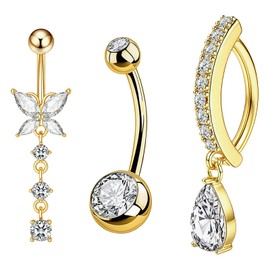 AuraFusion 3pcs Bauchnabelpiercing 10mm Gold Chirurgenstahl Bauchpiercing Schmuck: Schmetterling, Doppelball, Mondanhänger mit Tropfen. Eleganter Damenschmuck.