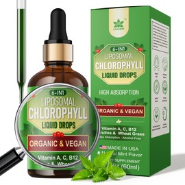 Organic Chlorophyll Liquid Drops Liposomal for Women & Men, 6-in-1 Greens Superfood Vegan Chlorophyll w/Spirulina, Wheat Grass, Vitamin C B12 A for Internal Deodorant*, Energy,Digestive,1Packs/2 Fl Oz