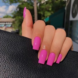Spring Glossy Hot Pink Press on Nails Medium Short Square,Xcreando Salon Like Coffin Fake Nails with Solid Color,Seamless Soft Gel Stick on Nails for Women,Natural Press-on No Pressure