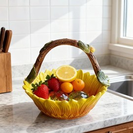 FORLONG Ceramic Sunflower Fruit Hand Basket, Snack Bowl, Hand Painted Art Tabletop Home Décor -8.5 inches (Yellow)