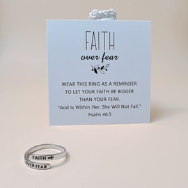 Faith Over Fear Ring Adjustable Crosss Open Ring YOUR FAITH BE BIGGER THAN YOUR FEAR Ring Gift for Women (Silver)