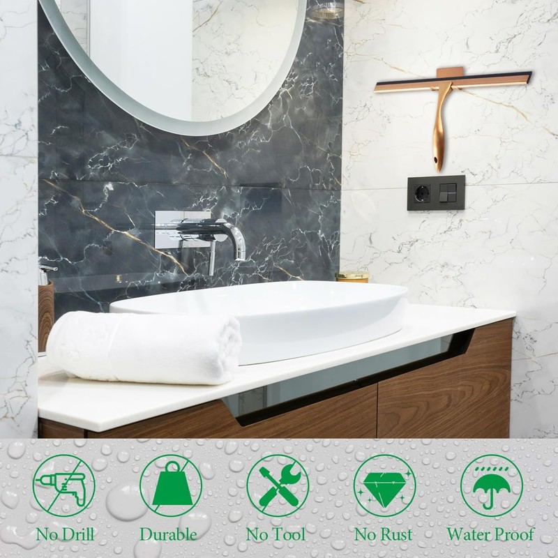 OPERNEE Shower Squeegee with Self Adhesive Hook, 14 Inches Stainless