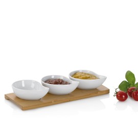 Kela 12260 Schalen-Set mit Bambusbrett, 4tlg., Tropfen, Porzellan, 26 x 10 x 4,5, Philipa, Weiß