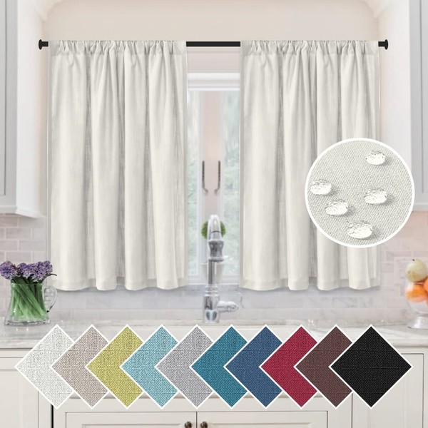 H.VERSAILTEX Kitchen Curtains 36 inch Length 2 Panels Set Linen Curtain Panels Waterproof Curtains for Bathroom Window Energy Saving Privacy Shade Bedroom Curtains, Ivory
