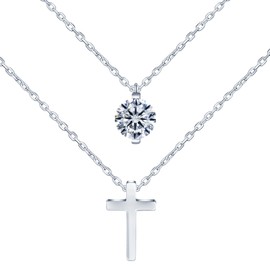 Yumilok Pendant Necklace for Women 925 Sterling Silver Solitaire cross Double Layered chain Necklace 1ct Round Cut D Color VVS1 Moissanite with box