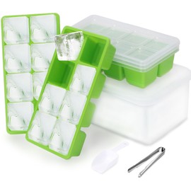 Big Ice Cube Molds with Lid and Storage Box, JRISBO 3 Pack Extra Large Ice Cube Trays BPA Free Silicone for Freezer, Easy-Release Stackable Ice Tray with Container Bin and Scoop